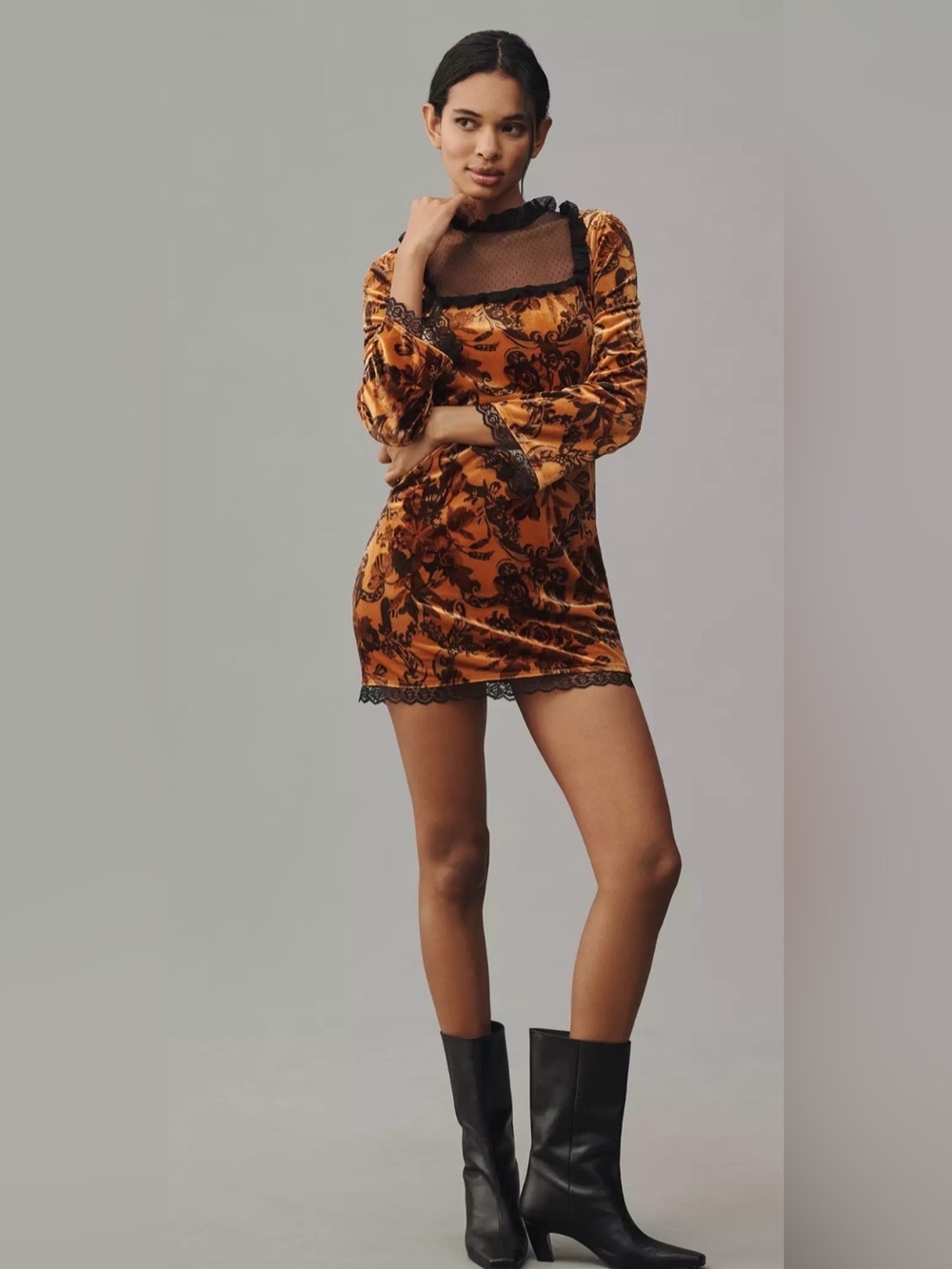 Anthropologie Maeve Size M Long-Sleeve Mesh Velvet Mini Dress